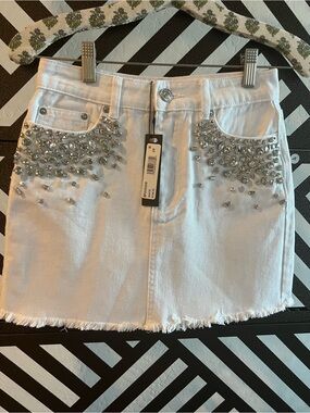 Steve Madden White Embellished Denim Mini Skirt